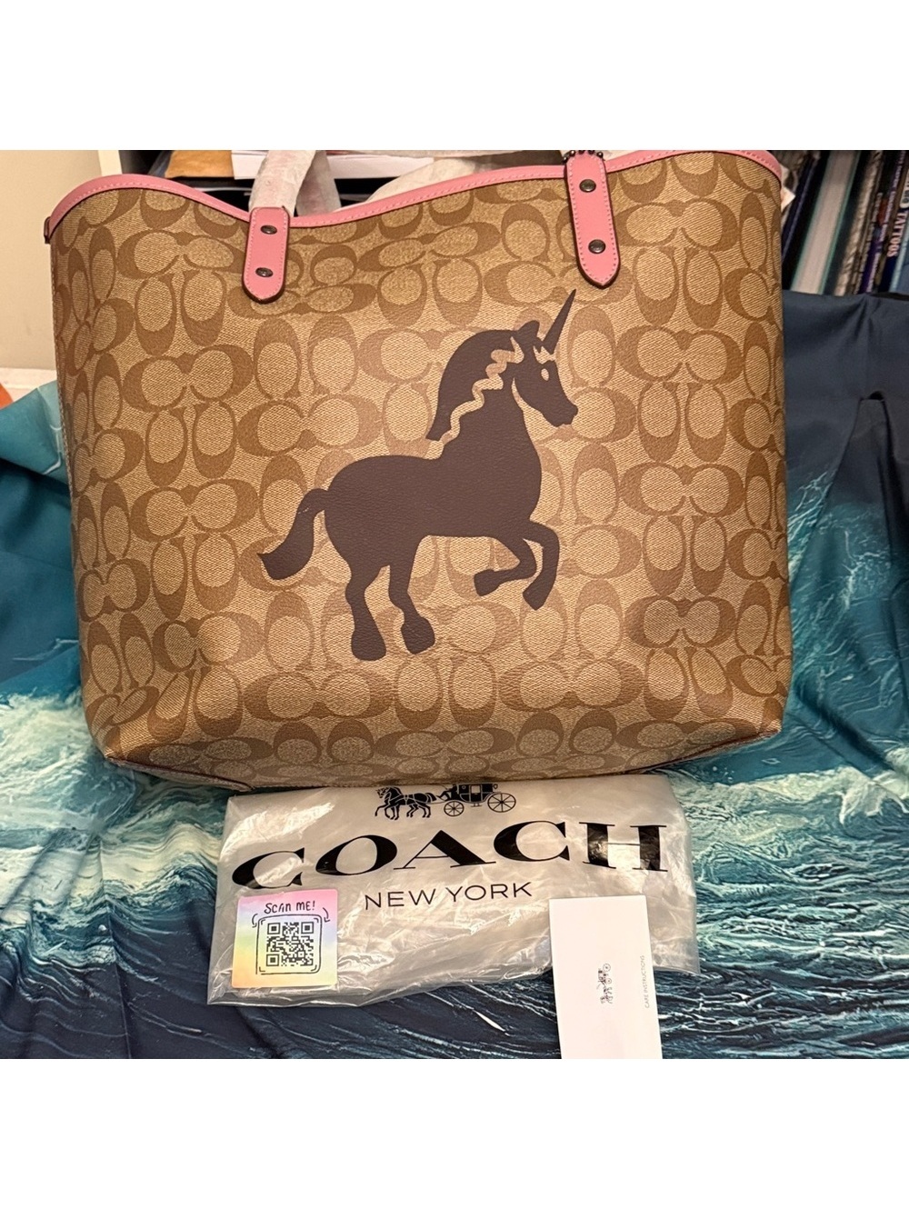 Authentic *unicorn* New Coach Pink Leather Tote with Logo  Story Patch